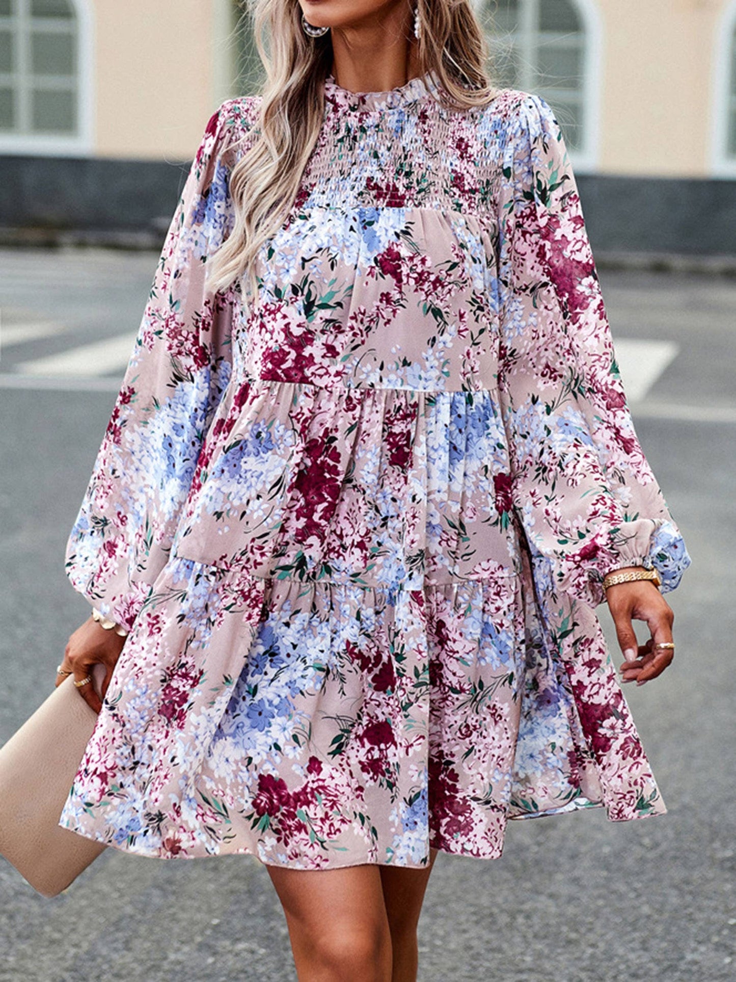 Mock neck floral long sleeve short dress