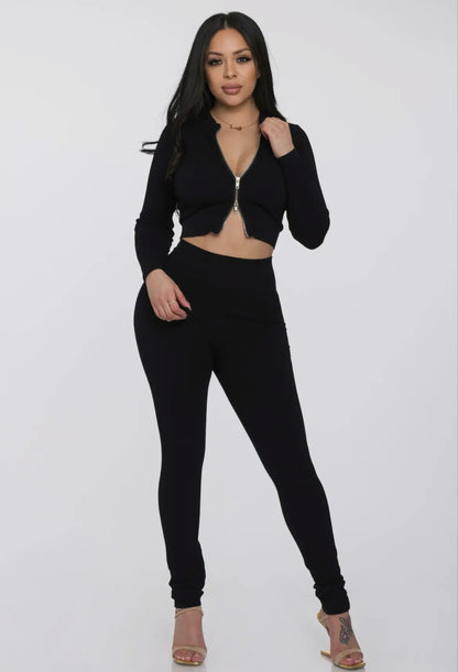 2 Pc Seamless Long Zipper Crop Top and Legging Set