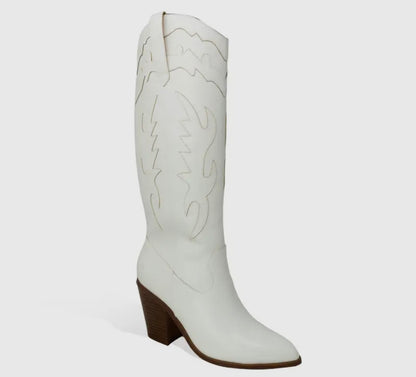 Stacked mid heel laser cut cowboy boots