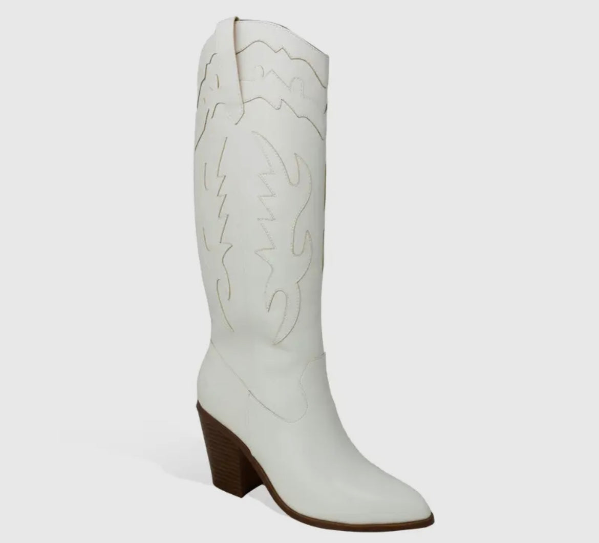 Stacked mid heel laser cut cowboy boots